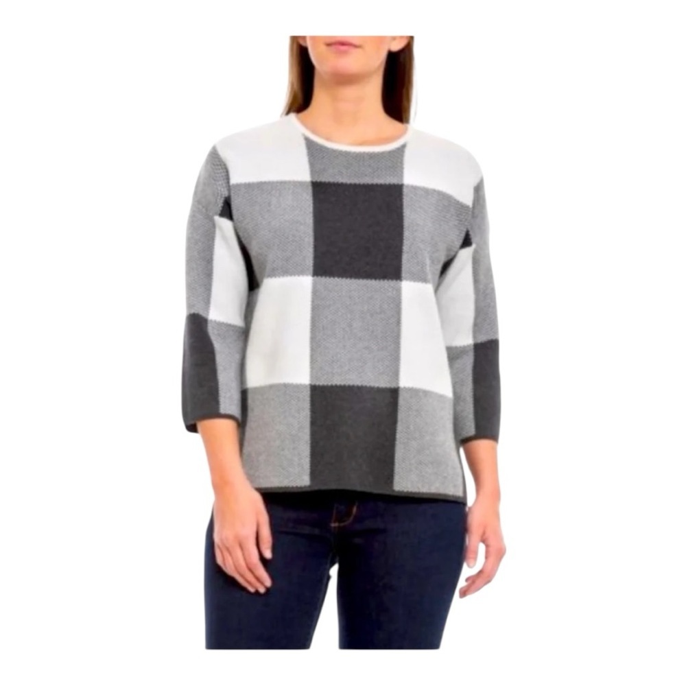Max Studio Women's Gray & White Buffalo- Plaid Crewneck Sweater- XS